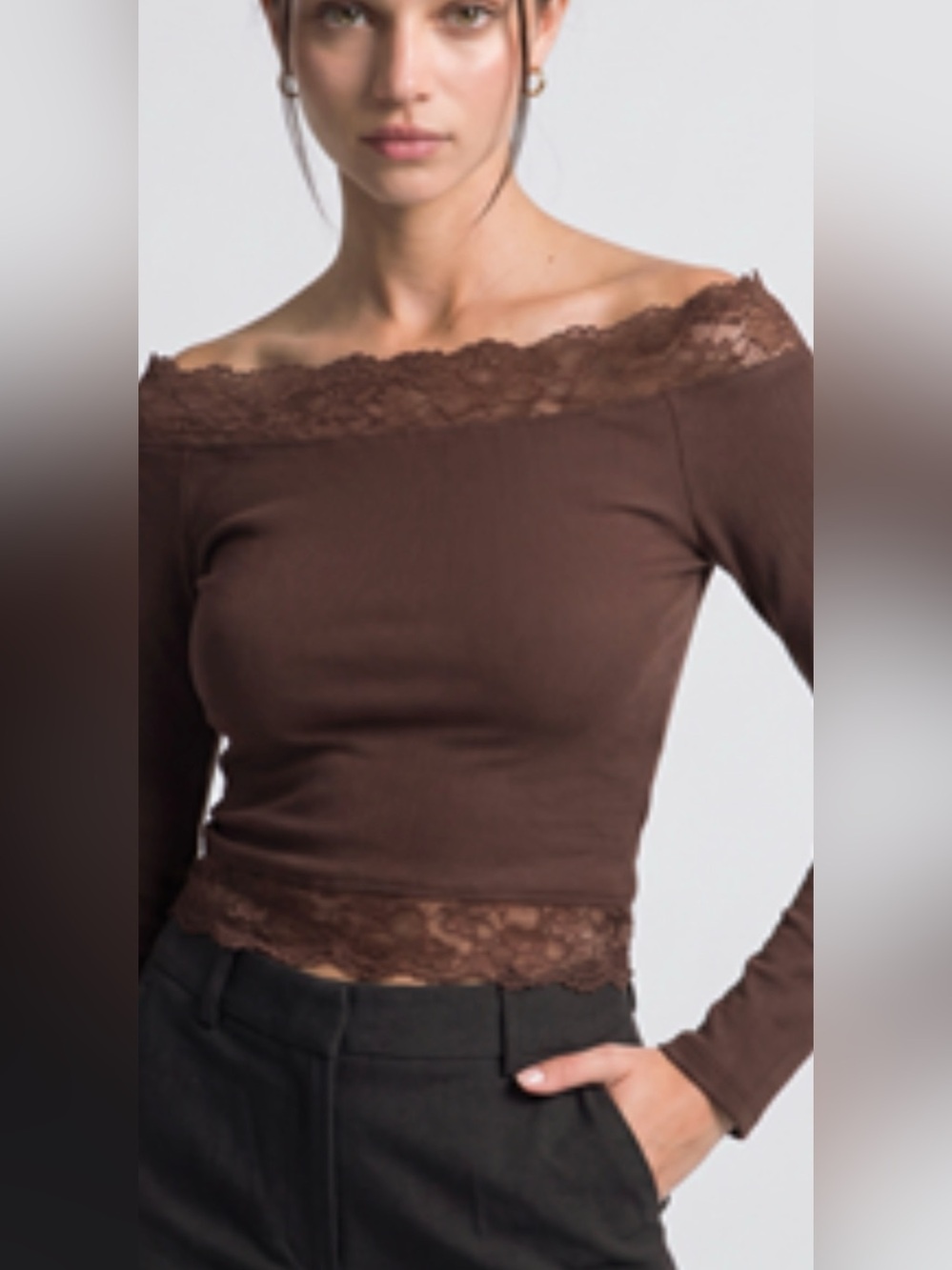 Lace-Trim Off-Shoulder Ribbed Long Sleeve Top - Brown